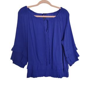 Lauren Ralph Lauren Women's Sz M Royal Blue Gauzy Tiered 3/4 Sleeve Cotton